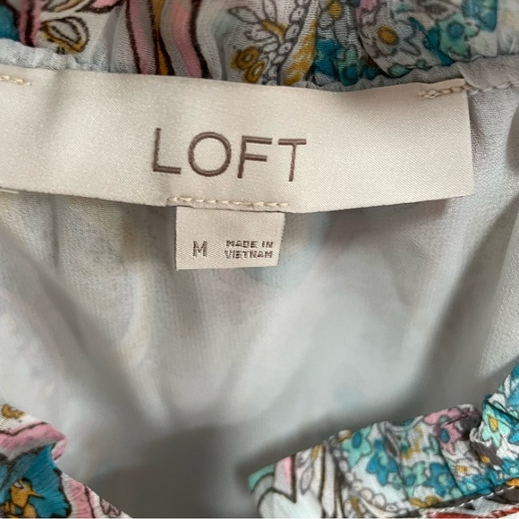 Loft Long Sleeve Blue White Pink Paisley Tie Neck Ruffle Boho Lined Blouse Top - Picture 2 of 10